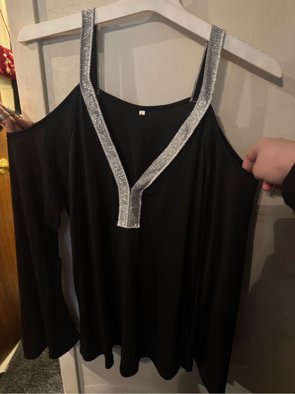 Black Cold-Shoulder Dress with Silver Trim